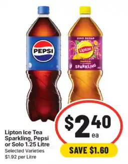 IGA Lipton Ice Tea Sparkling, Pepsi or Solo 1.25 Litre offer