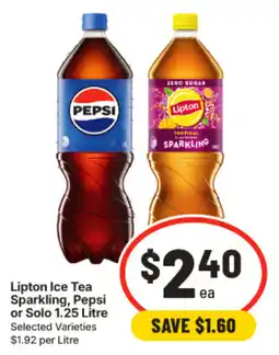 IGA Lipton Ice Tea Sparkling, Pepsi or Solo 1.25 Litre offer