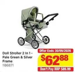 Mr Toys Doll Stroller 2 In 1 - Pale Green & Silver Frame offer