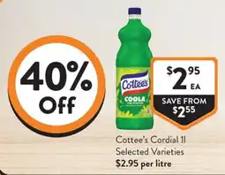 Foodworks Cottees Cordial 1l offer