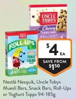 Foodworks Nestlé Nesquik, Uncle Tobys Muesli Bars, Snack Bars, Roll-Ups or Yoghurt Topps offer