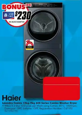 The Good Guys Haier Laundry Centre 12kg-9kg 600 Series Combo Washer Dryer offer