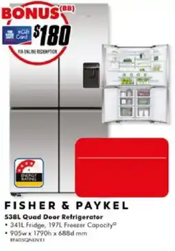 The Good Guys Fisher & Paykel 538L Quad Door Refrigerator offer