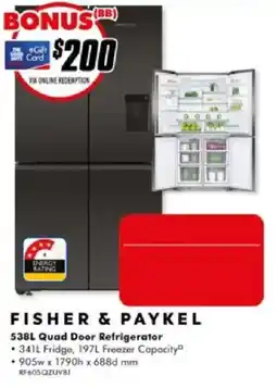 The Good Guys Fisher & Paykel 538L Quad Door Refrigerator offer