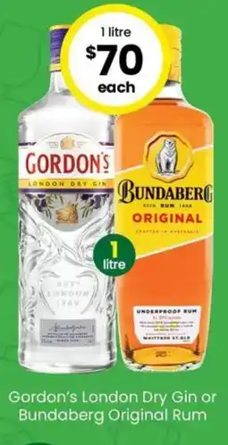 The Bottle O Gordon's London Dry Gin or Bundaberg Original Rum offer