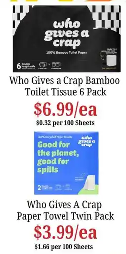Farmer Jack's Who Gives a Crap Bamboo Toilet Tissue 6 Pack offer