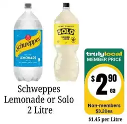Farmer Jack's Schweppes Lemonade or Solo 2 Litre offer