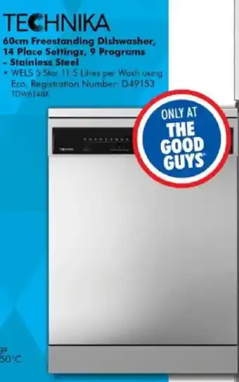 TECHNIKA 60cm Freestanding Dishwasher, 14 Place Settings, 9 Programs