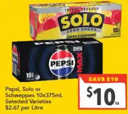 Supa Valu Pepsi, Solo or Schweppes 10x375mL Selected Varieties offer
