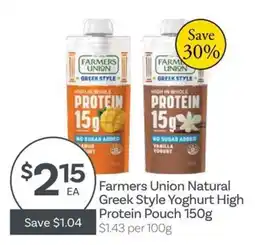 IGA Farmers Union Natural Greek Style Yoghurt High Protein Pouch offer