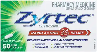 Zyrtec Cetirizine Rapid Acting 24 Hour Relief 50 Mini Tablets