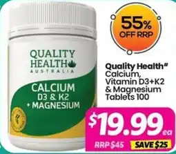 Your Discount Chemist Quality Health Calcium, Vitamin D3+K2 & Magnesium Tablets offer