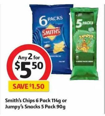 Coles Smith's Chips 6 Pack 114g Or Jumpy's Snacks 5 Pack 90g offer
