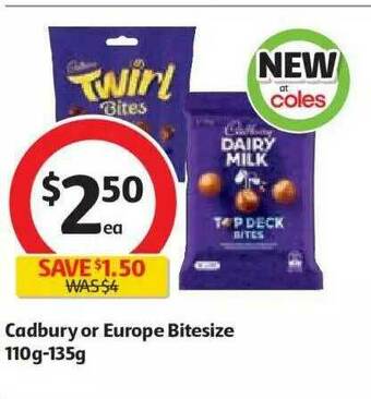 Coles Cadbury Or Europe Bitesize 110g-135g offer