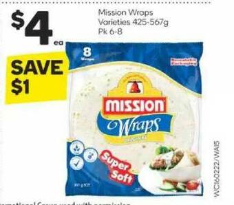 Woolworths Mission Wraps Varieties 425-567g Pk 6-8 offer