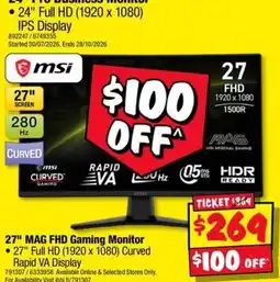 JB Hi-Fi msi 27" MAG FHD Gaming Monitor offer