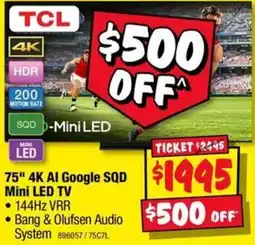 JB Hi-Fi TCL 75" 4K AI Google SQD Mini LED TV offer