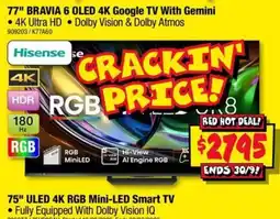 JB Hi-Fi Hisense 77" BRAVIA 6 OLED 4K Google TV With Gemini offer