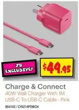 JB Hi-Fi Charge & Connect 40W Wall Charger With 1M USB-C To USB-C Cable - Pink offer