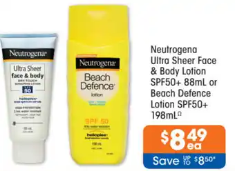 Good Price Pharmacy Neutrogena Ultra Sheer Face & Body Lotion SPF50+88ml Or Beach Defence Lotion SPF50+ 198ml offer