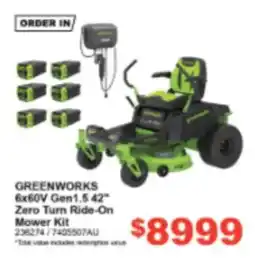 Total Tools Greenworks 6x60V Gen1.5 42" Zero Turn Ride-On Mower Kit offer
