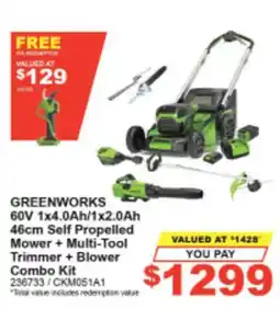 Total Tools Greenworks 60V 1x4.0Ah/1x2.0Ah 46cm Self Propelled Mower + Multi-Tool Trimmer + Blower Combo Kit offer