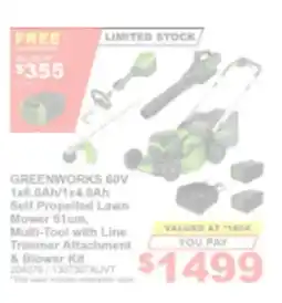 Total Tools Greenworks 60V Self Propelled Lawn Mower 51cm Multi-Tool with Line Trimmer Attachment & Blower Kit offer