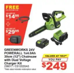 Total Tools Greenworks 24V Powerall 1x4.0Ah 30cm (12") Chainsaw with Dual Voltage Charger Kit offer