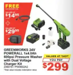 Total Tools Greenworks 24V Powerall 1x4.0Ah 600psi Pressure Washer with Dual Voltage Charger Kit offer
