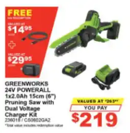 Total Tools Greenworks 24V Powerall 1x2.0Ah 15cm (6") Pruning Saw with Dual Voltage Charger Kit offer