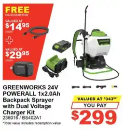 Total Tools Greenworks 24V Powerall 1x2.0Ah Backpack Sprayer with Dual Voltage Charger Kit offer