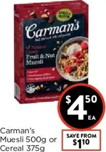 Foodworks Carman's Muesli 500g Or Cereal 375g offer