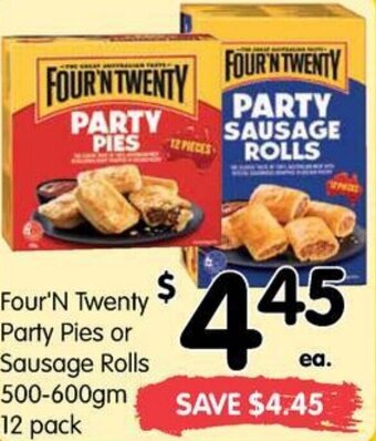 Four'N Twenty Party Pies Or Sausage Rolls 500-600gm