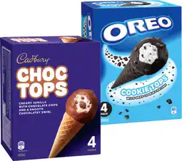 IGA Cadbury Choc Tops or Oreo Cookie Top Ice Cream Cones 4 Pack offer
