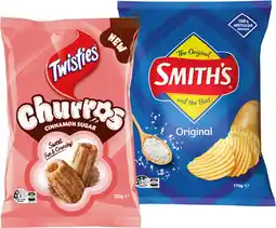 IGA Twisties Cinnamon Sugar Churros 120g or Smith’s Chips 150-170g Selected Varieties offer