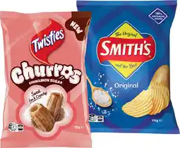 IGA Twisties Cinnamon Sugar Churros 120g or Smith’s Crinkle Cut Chips 150‑170g Selected Varieties offer