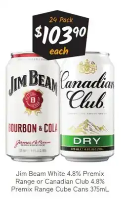 Cellarbrations Jim Beam White 4.8% Premix Range or Canadian Club 4.8% Premix Range Cube Cans offer