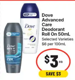 IGA Dove Advanced Care Deodorant Roll On offer
