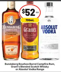 IGA Bundaberg Bourbon Barrel Campfire Rum, Grant's Blended Scotch Whisky or Absolut Vodka Range offer