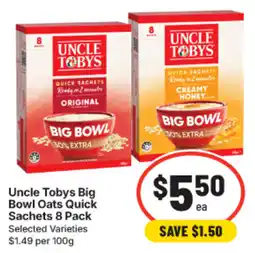 IGA Uncle Tobys Big Bowl Oats Quick Sachets offer