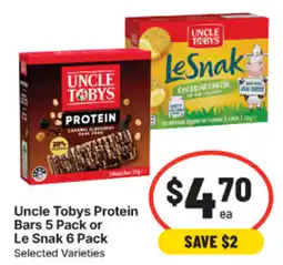 IGA Uncle Tobys Protein Bars 5 Pack or Le Snak 6 Pack Selected Varieties offer