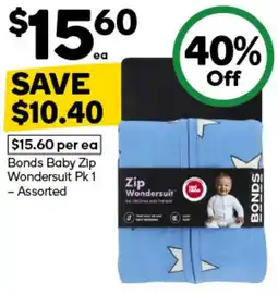 Woolworths Bonds Baby Zip Wondersuit Assorted offer