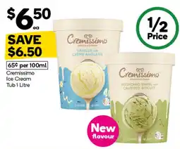 Woolworths Cremissimo Ice Cream Tub 1 Litre offer