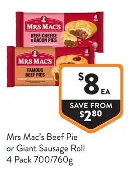 Foodworks Mrs Mac's Beef Pie or Giant Sausage Roll offer