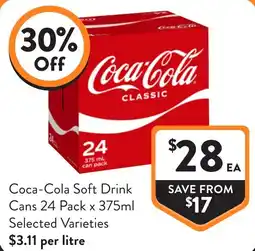 Foodworks Coca-Cola Soft Drink Cans 24 Pack x 375ml Selected Varieties offer