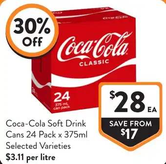 Coca-Cola Soft Drink Cans 24 Pack x 375ml Selected Varieties