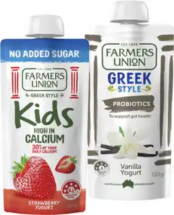 Coles Farmers Union Greek Style or No Added Sugar Kids Yogurt Pouch 130g offer