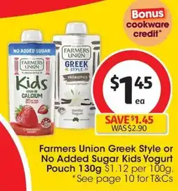 Coles Farmers Union Greek Style or No Added Sugar Kids Yogurt Pouch offer