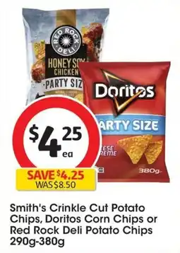 Coles Smith's Crinkle Cut Potato Chips, Doritos Corn Chips or Red Rock Deli Potato Chips offer