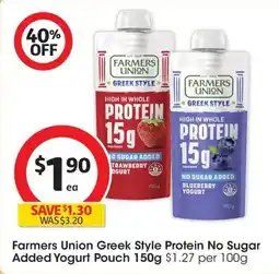 Coles Farmers Union Greek Style Protein No Sugar Added Yogurt Pouch offer